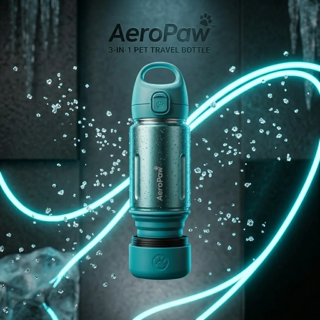 AeroPaw 3-in-1 dog travel bottle prototype in Arctic Cyan Teal