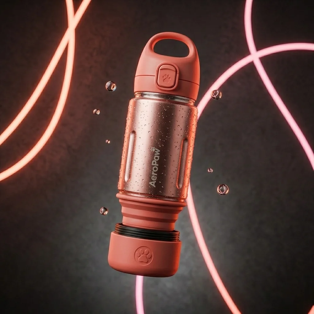 AeroPaw 3-in-1 dog travel bottle prototype in Sunset Coral